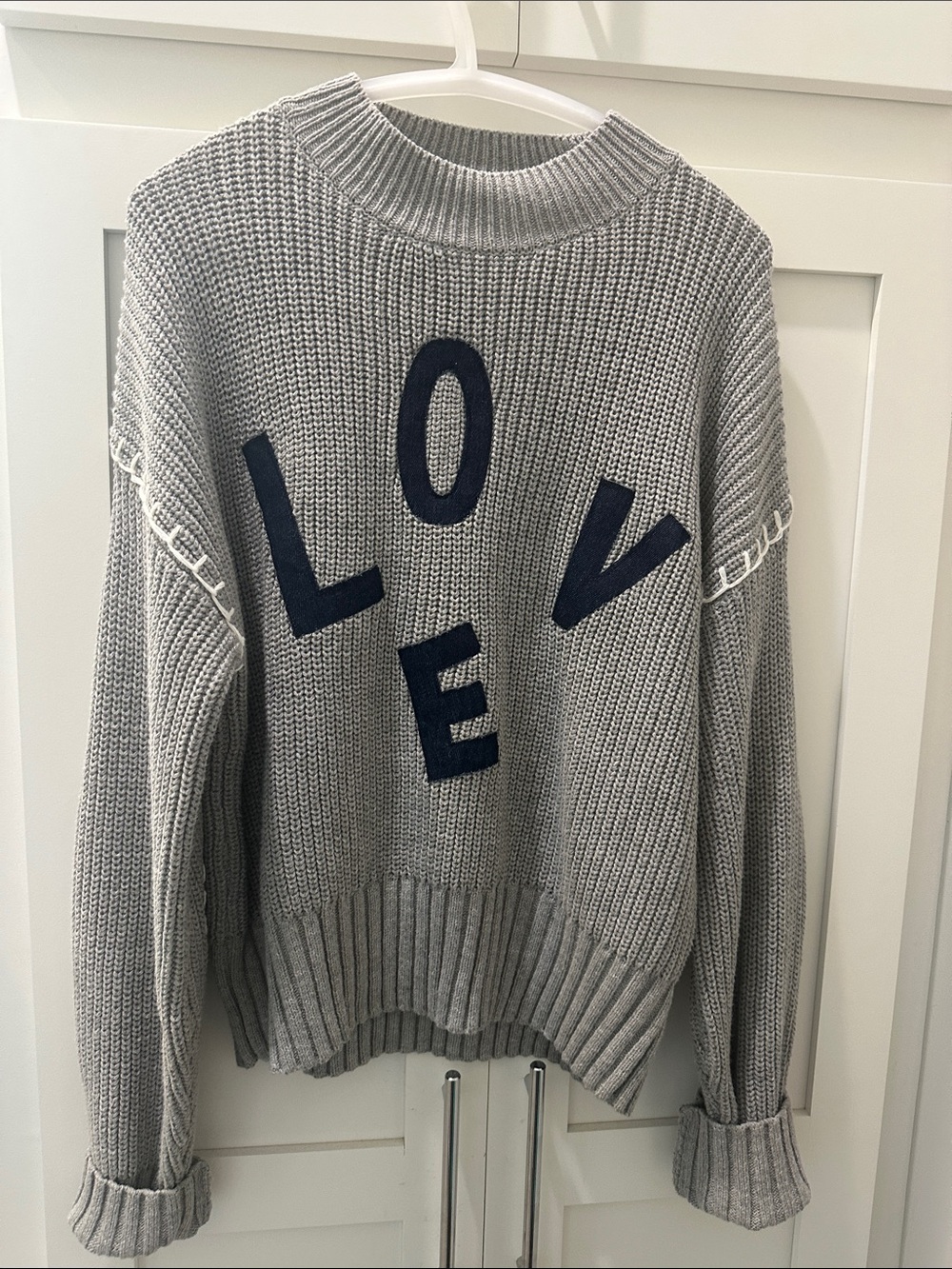 John & Jenn Women's Gray Knit Crewneck Sweater with Navy 'LOVE' Detail
